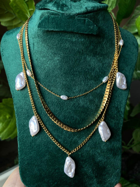 Triple-Layer Gold Chain & Baroque Pearl Necklace